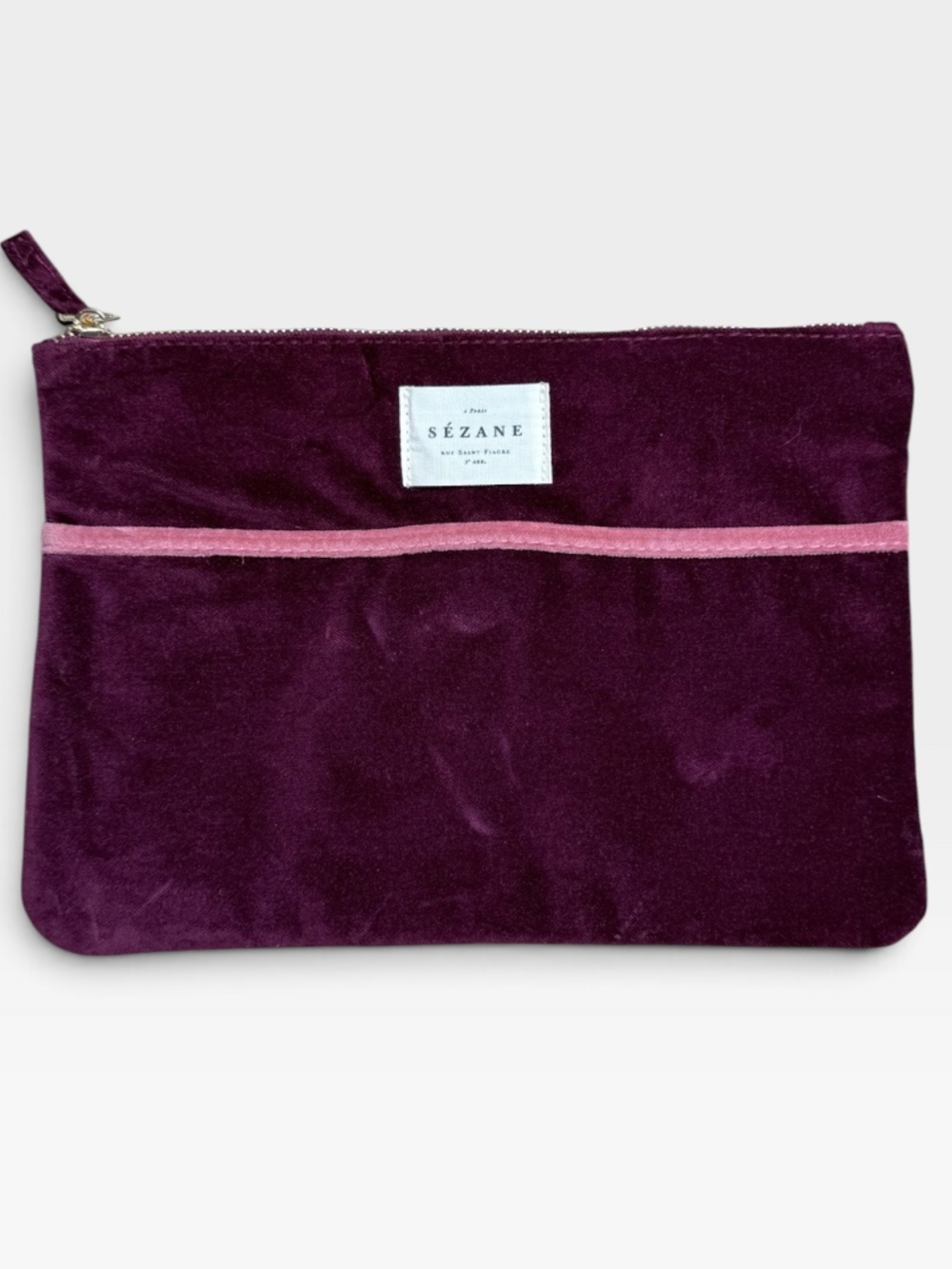 Sézane Burgundy Velour Zip Pouch Makeup Clutch Bag